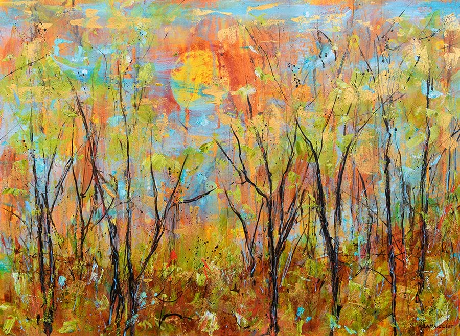 Original impressionist landscape painting of a forest during a sunset and the fall season
