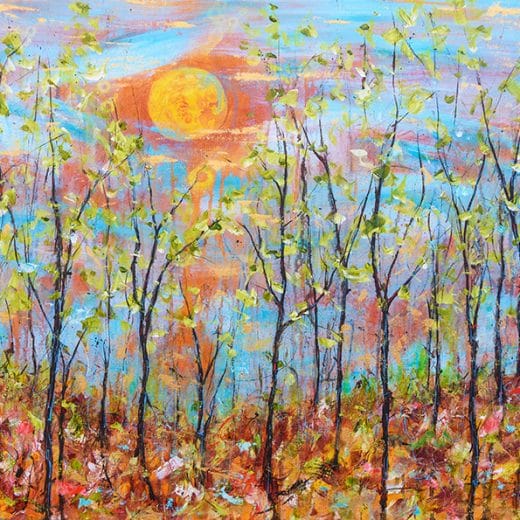 Vibrant impressionist landscape painting picturing a sunset over a forest