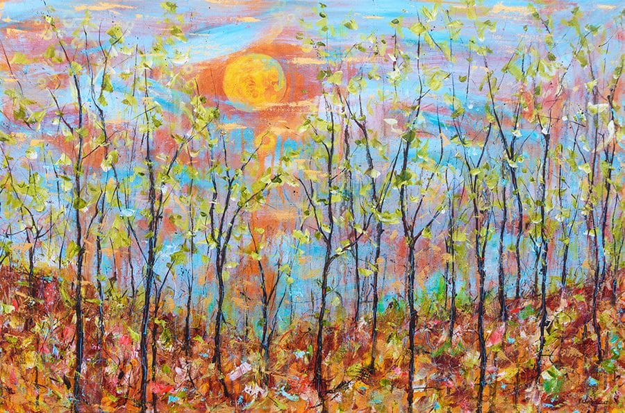 Vibrant impressionist landscape painting picturing a sunset over a forest