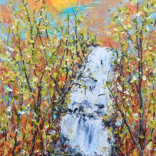 Vibrant impressionist landscape painting picturing a waterfall in the forest with autumn colors