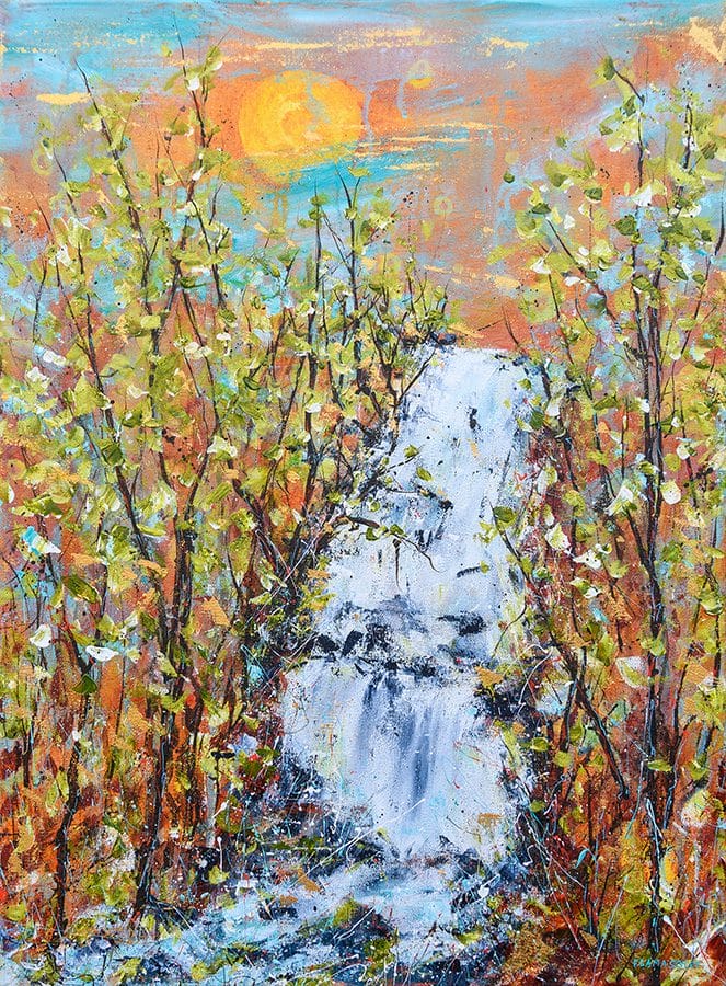 Vibrant impressionist landscape painting picturing a waterfall in the forest with autumn colors