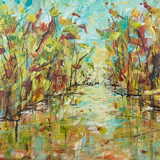 Inspired by the vibrant colors of fall, this impressionist landscape painting captures the serene beauty of trees reflecting in a tranquil lake.