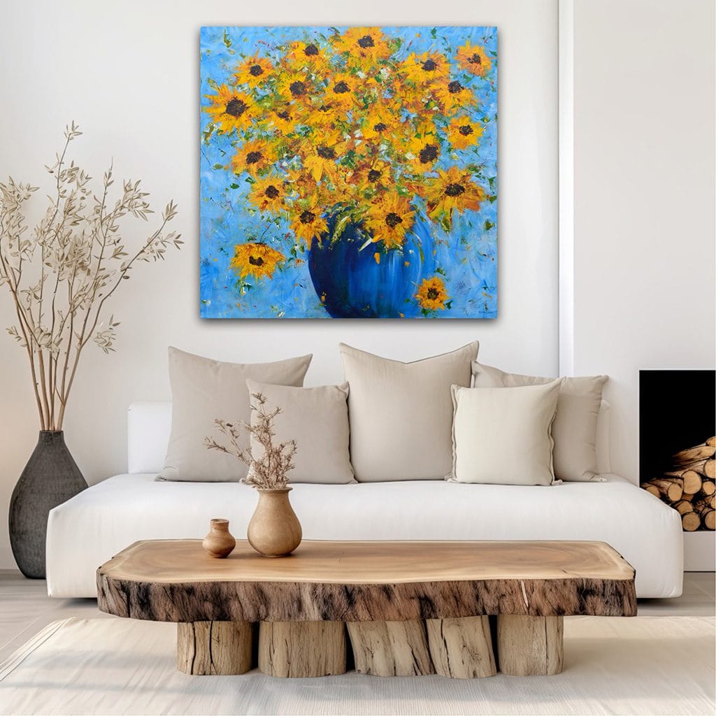 Dynamic original impressionist painting of a sunflower bouquet in a blue vase