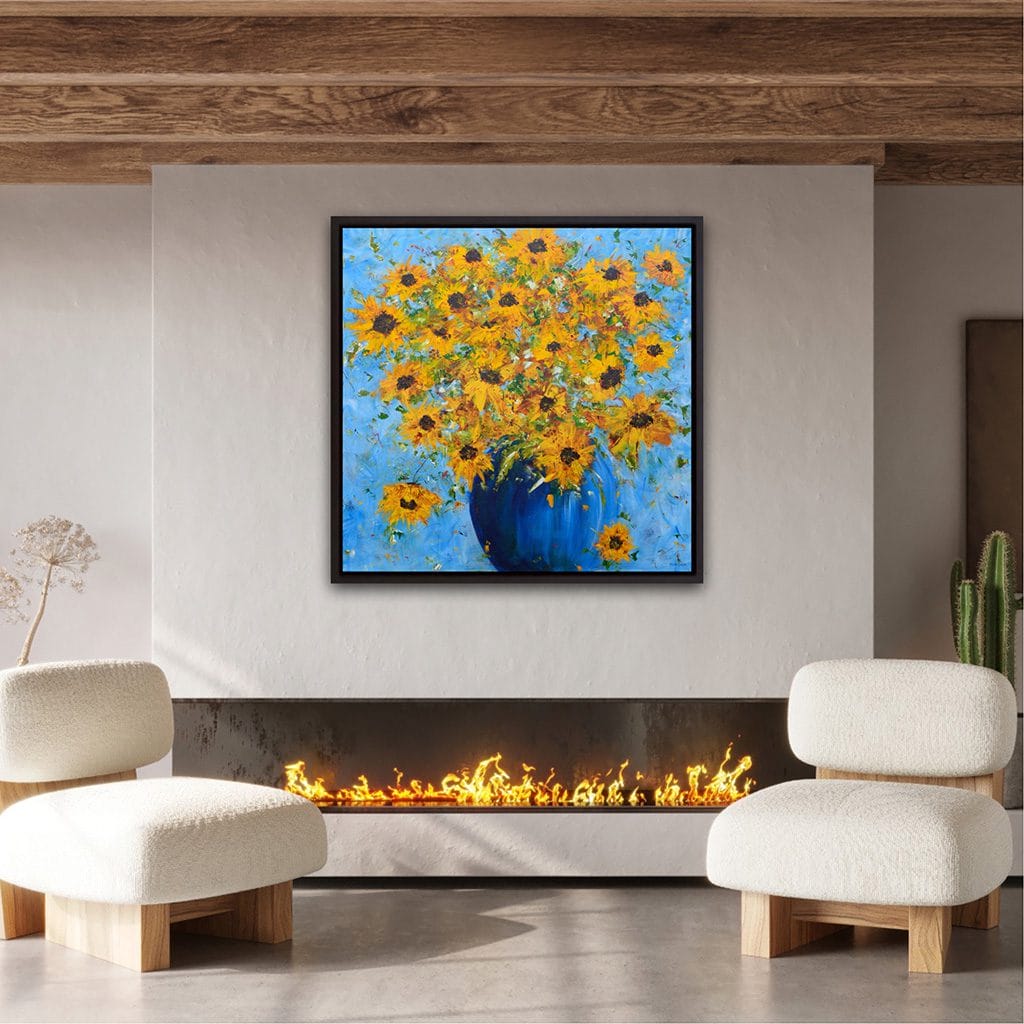 Dynamic original impressionist painting of a sunflower bouquet in a blue vase