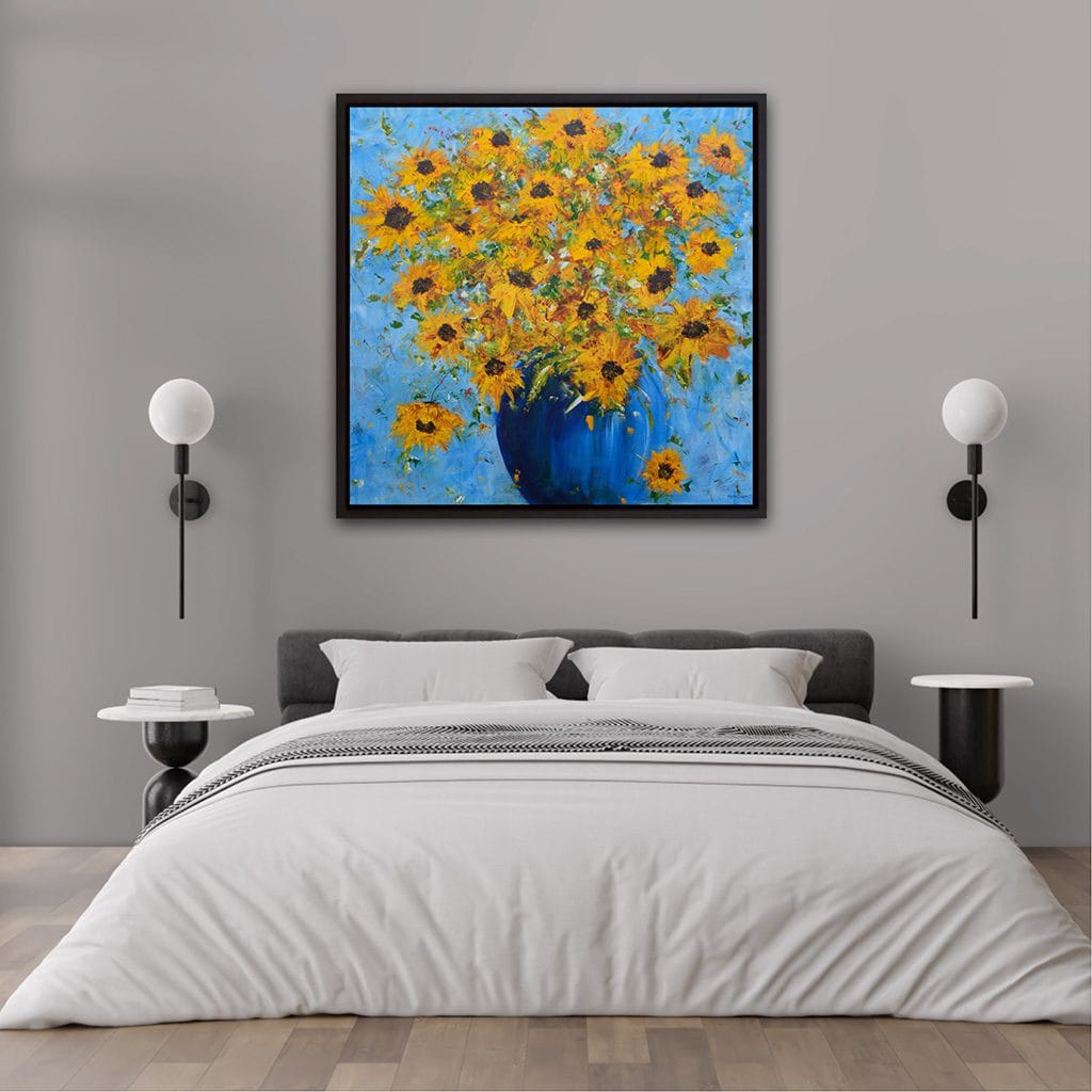 Dynamic original impressionist painting of a sunflower bouquet in a blue vase
