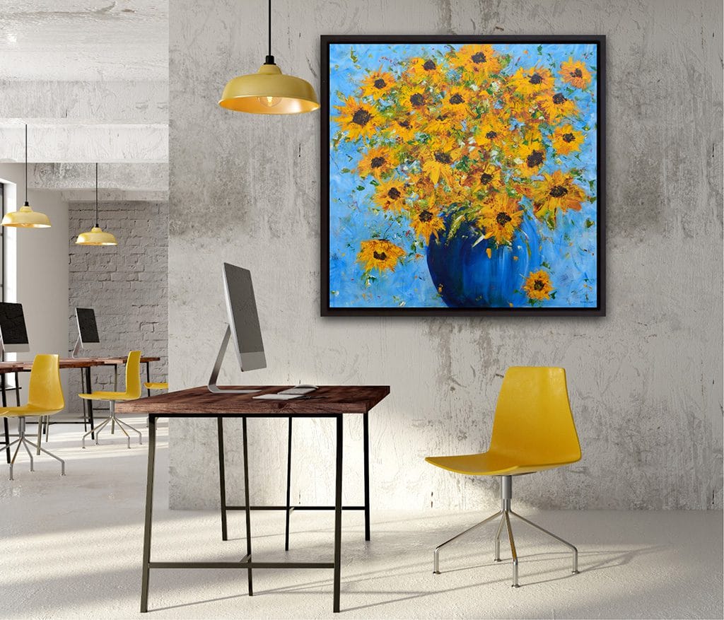 Dynamic original impressionist painting of a sunflower bouquet in a blue vase