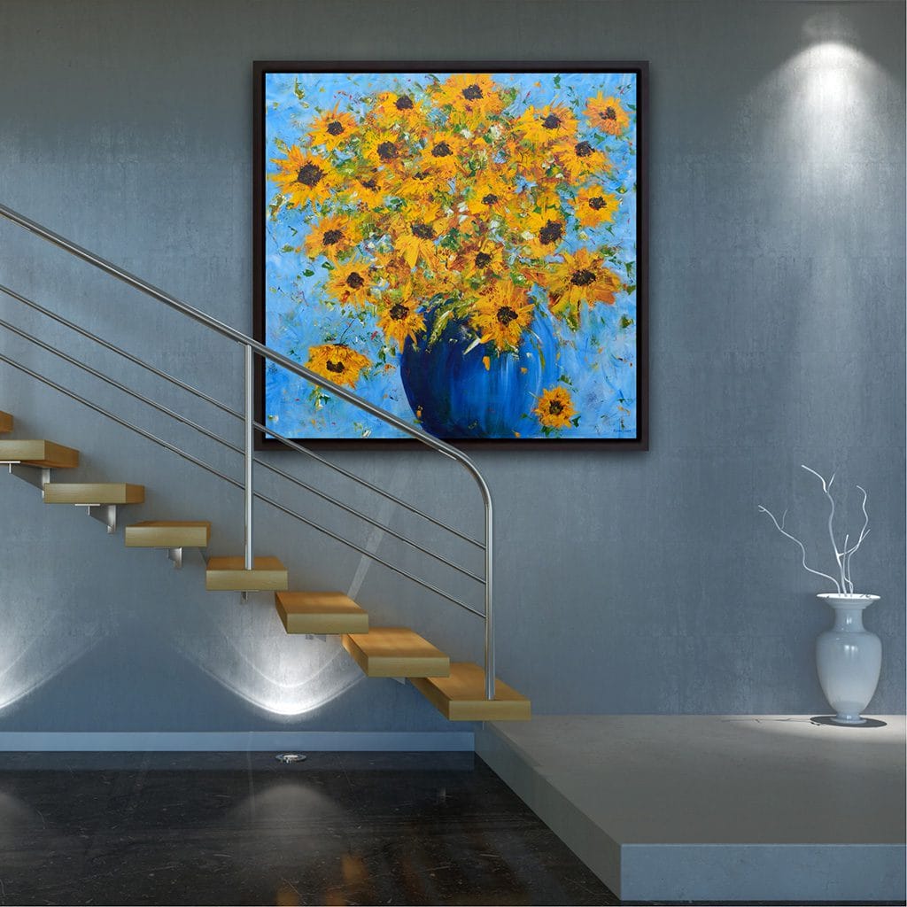 Dynamic original impressionist painting of a sunflower bouquet in a blue vase