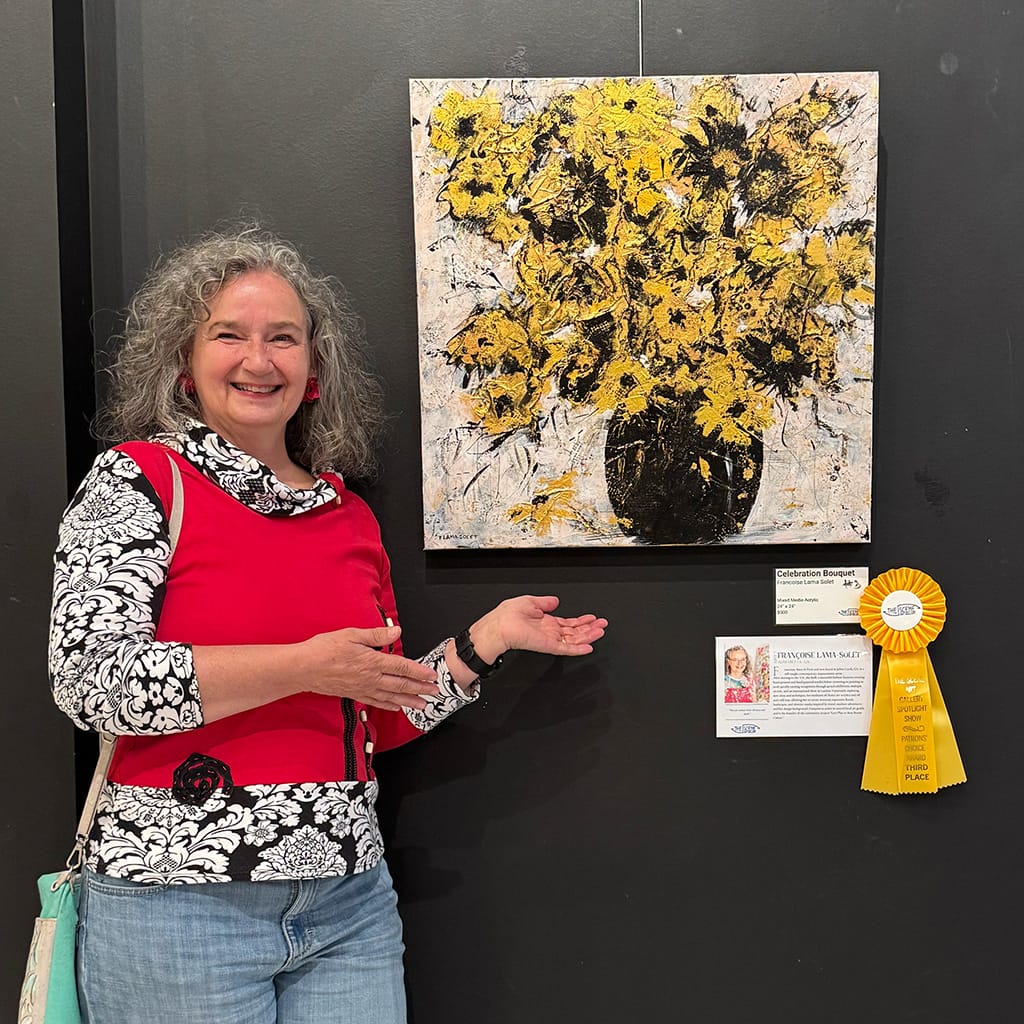 Original mixed media abstract painting featuring a gold, black and white bouquet of flowers