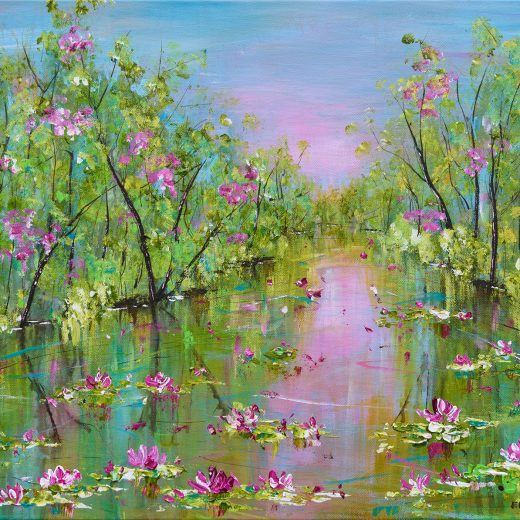 Vibrant original acrylic painting of a water lily pond in the spring