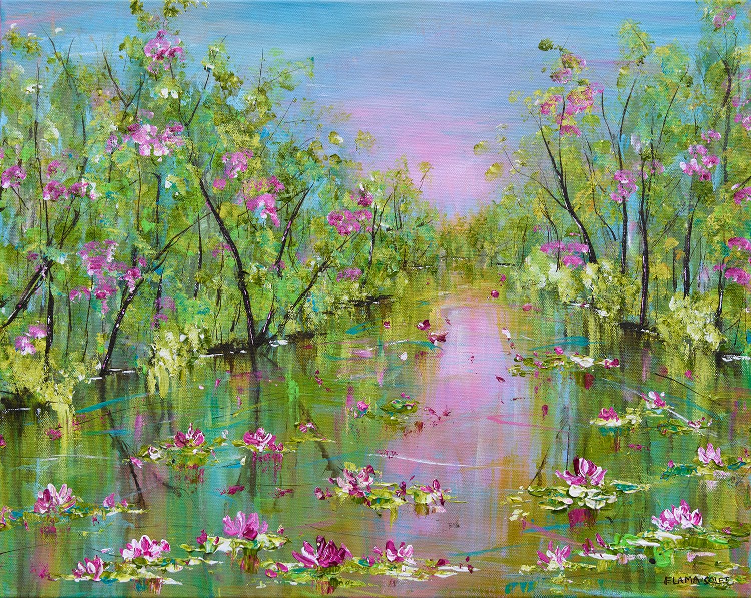 Impressionist Landscape Painting of a Water Lily Pond - Spring