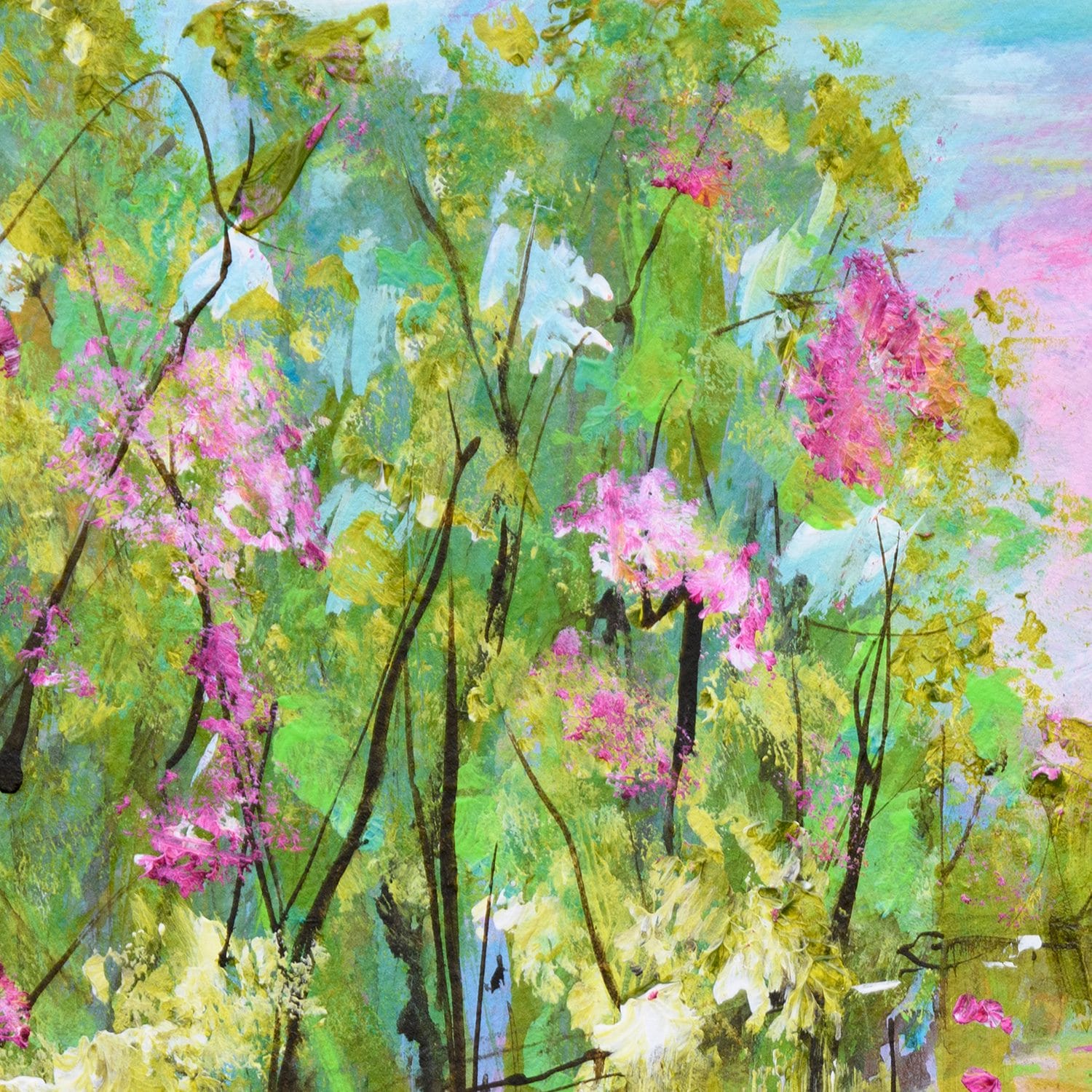 This vibrant contemporary impressionist landscape painting exudes joy and celebrates spring! It features a lake surrounded with blooming trees reflecting in the water, and water lilies dancing on their lily pads.