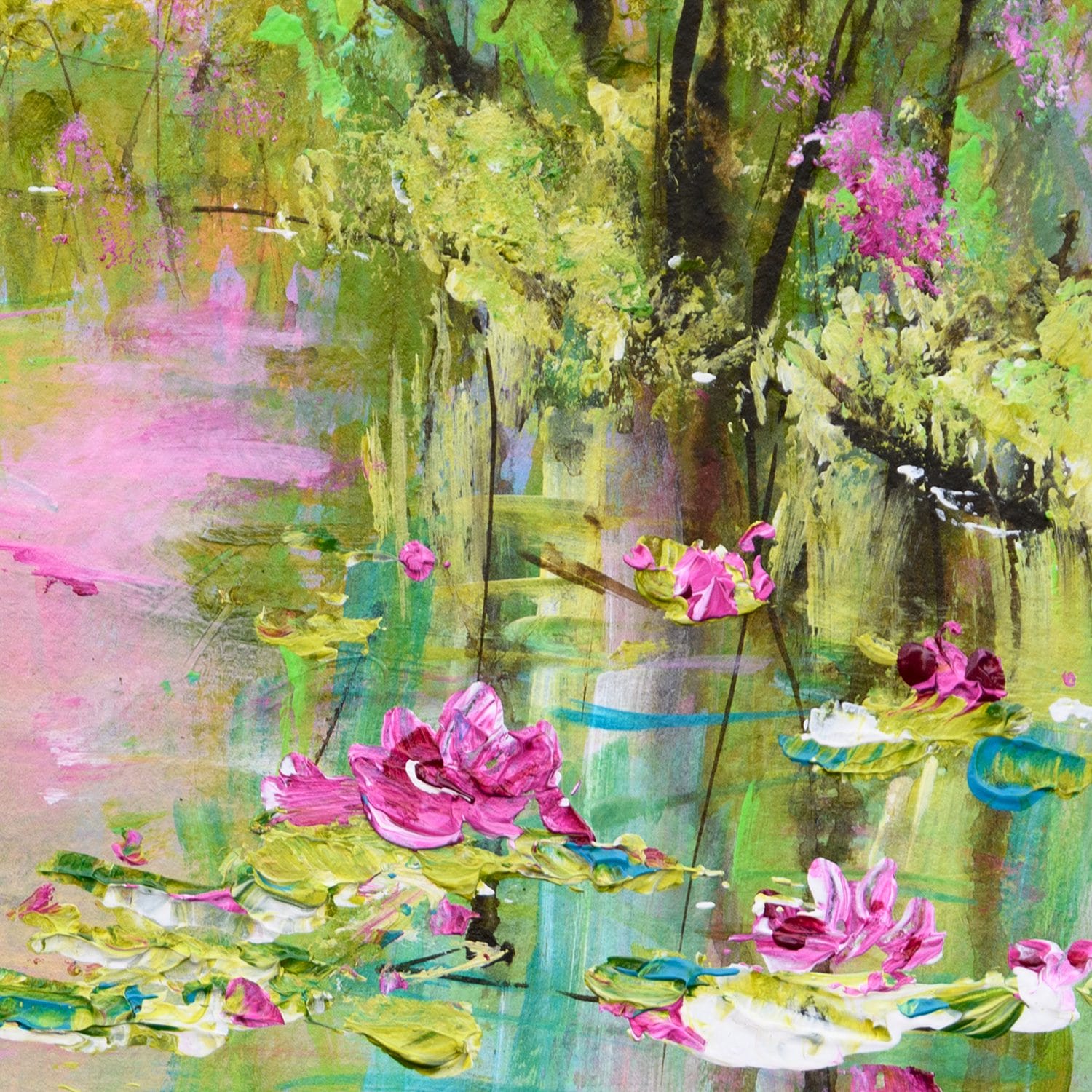 This vibrant contemporary impressionist landscape painting exudes joy and celebrates spring! It features a lake surrounded with blooming trees reflecting in the water, and water lilies dancing on their lily pads.