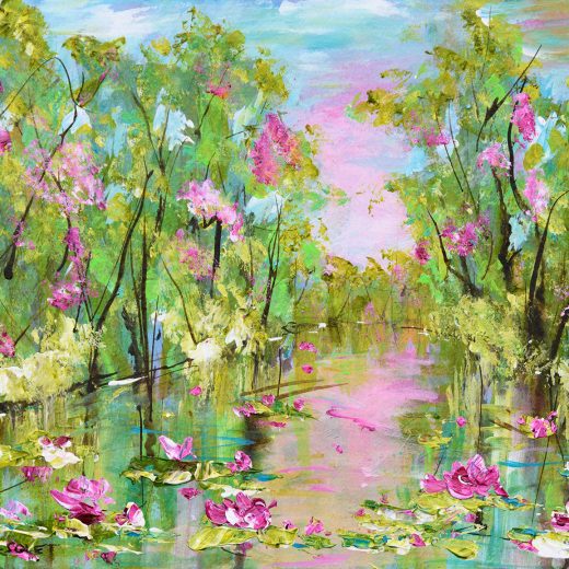 Contemporary impressionist painting of a lake scenery with water lilies