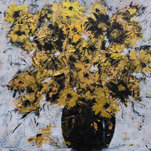 Original mixed media abstract painting featuring a gold, black and white bouquet of flowers