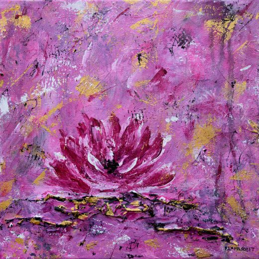 Pink, gold and black contemporary mixed media painting featuring a water lily
