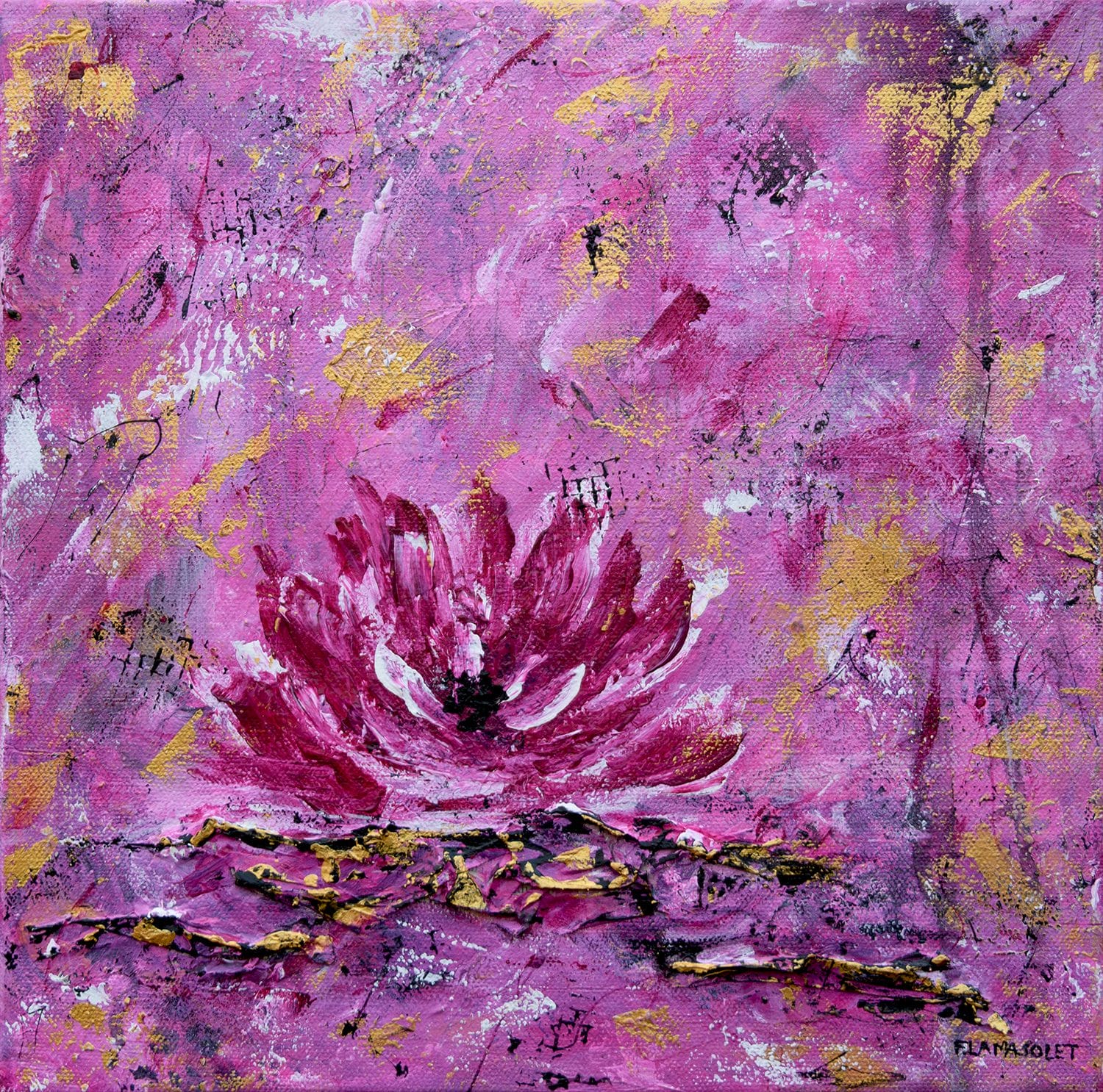 Pink, gold and black contemporary mixed media painting featuring a water lily