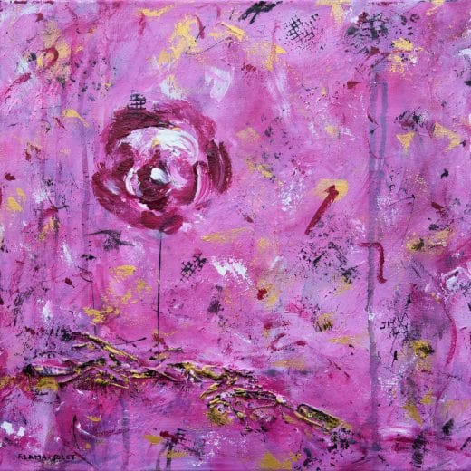 Magenta and gold contemporary mixed media painting featuring a rose