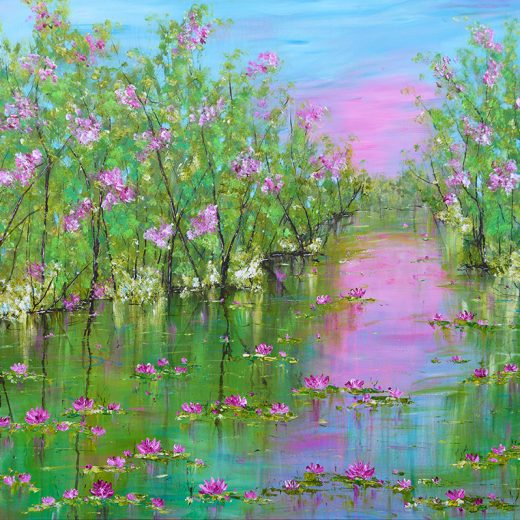 Vibrant modern impressionist landscape painting of a water lily pond on large canvas