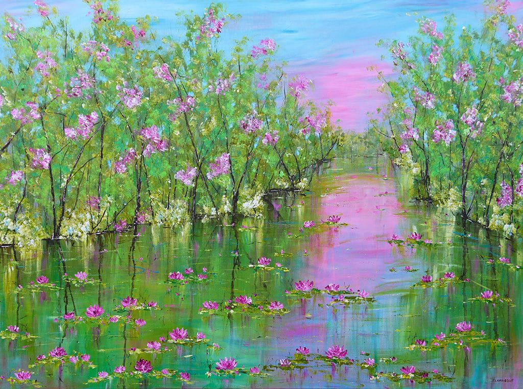 Vibrant modern impressionist landscape painting of a water lily pond on large canvas