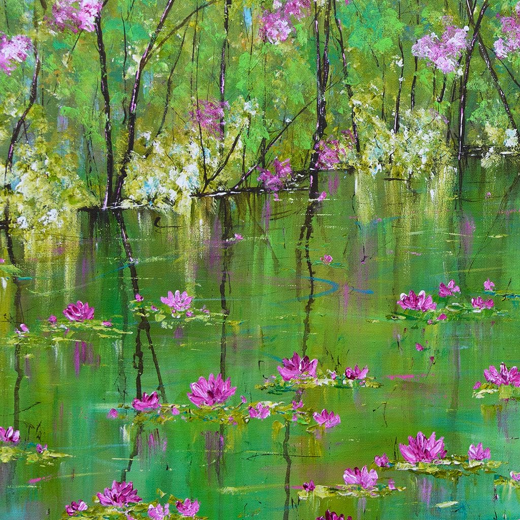 Contemporary impressionist painting of a water lily pond surrounded by by blooming trees hand painted with acrylics on canvas 36" x 48"
