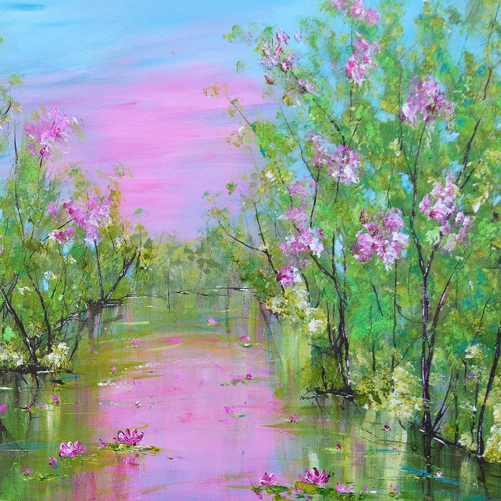 Contemporary impressionist painting of a water lily pond surrounded by by blooming trees hand painted with acrylics on canvas 36" x 48"