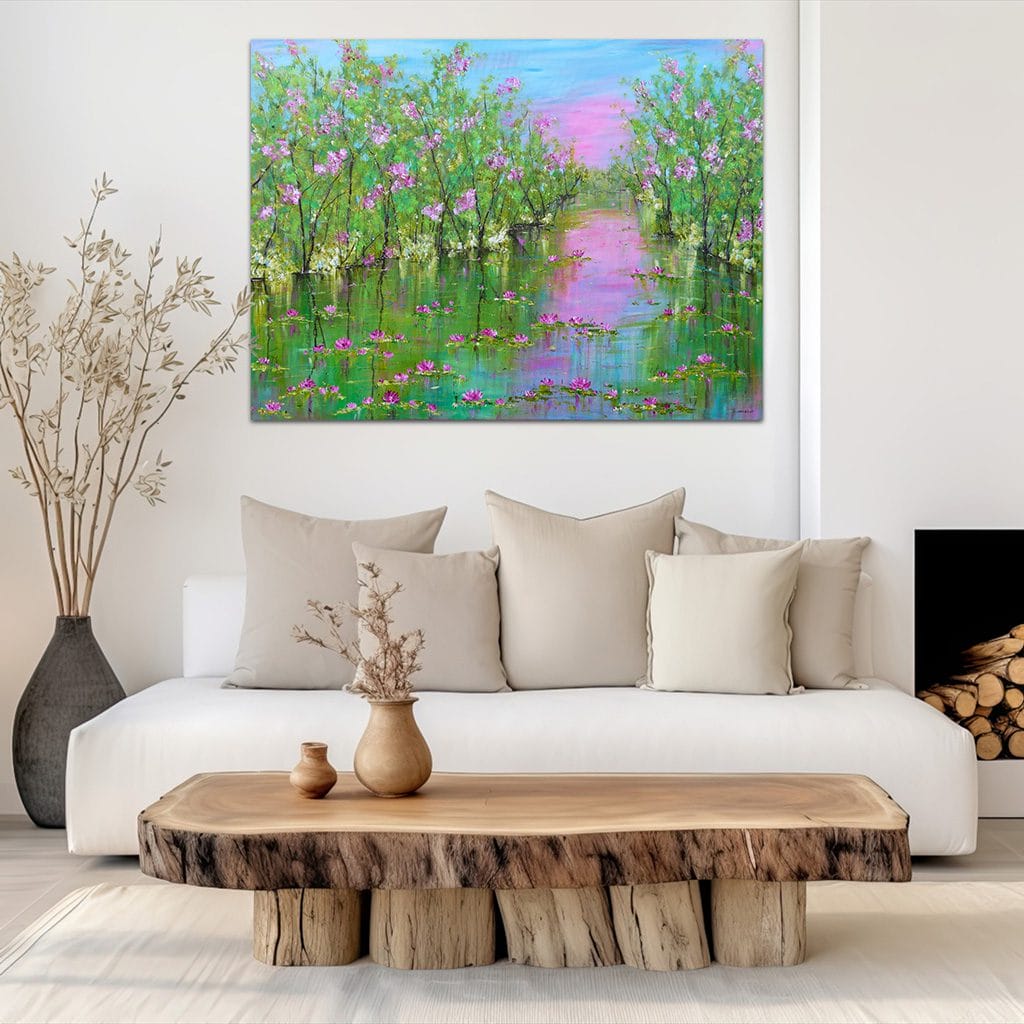 Vibrant modern impressionist landscape painting of a water lily pond on large canvas