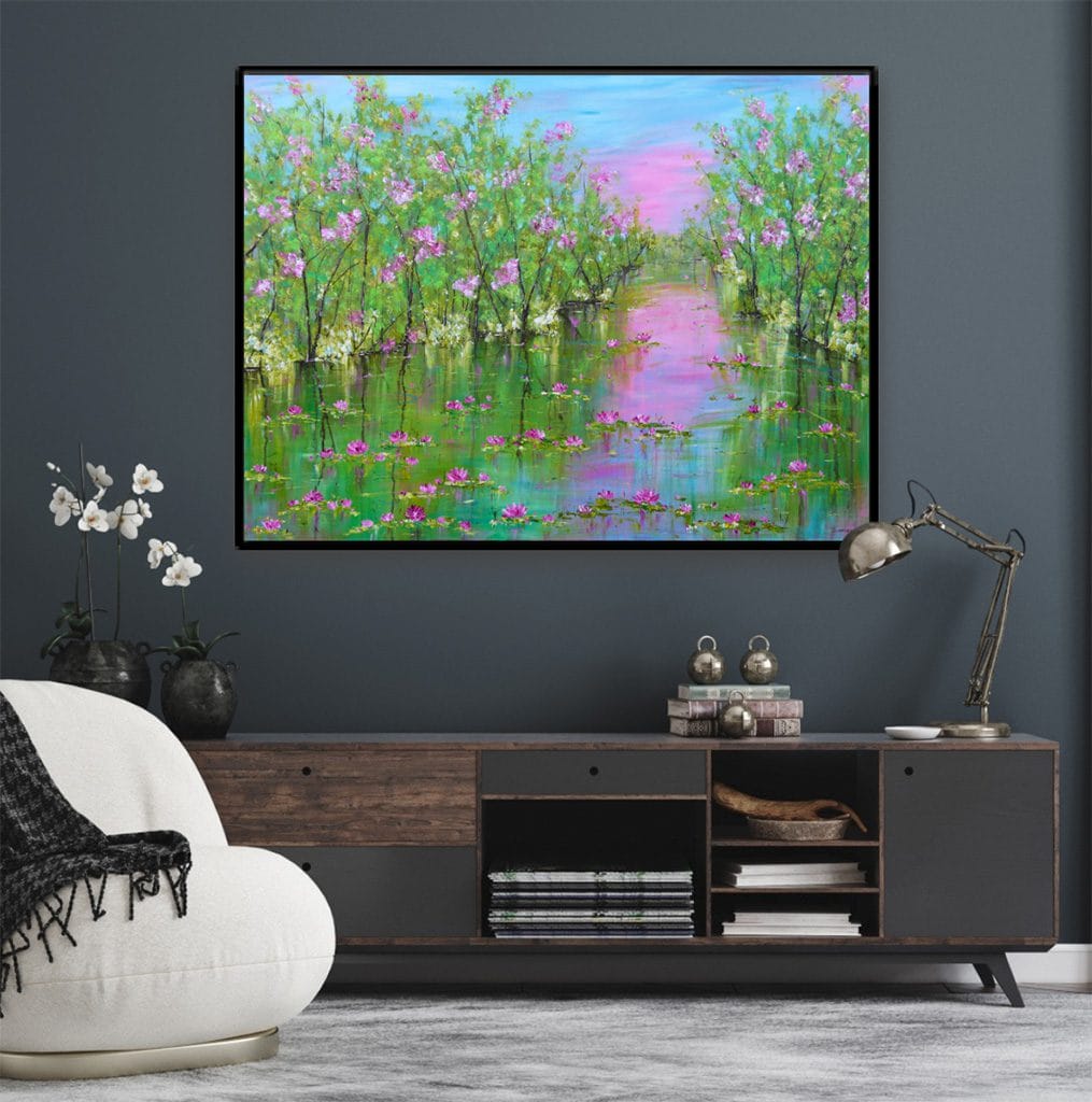 Vibrant modern impressionist landscape painting of a water lily pond on large canvas