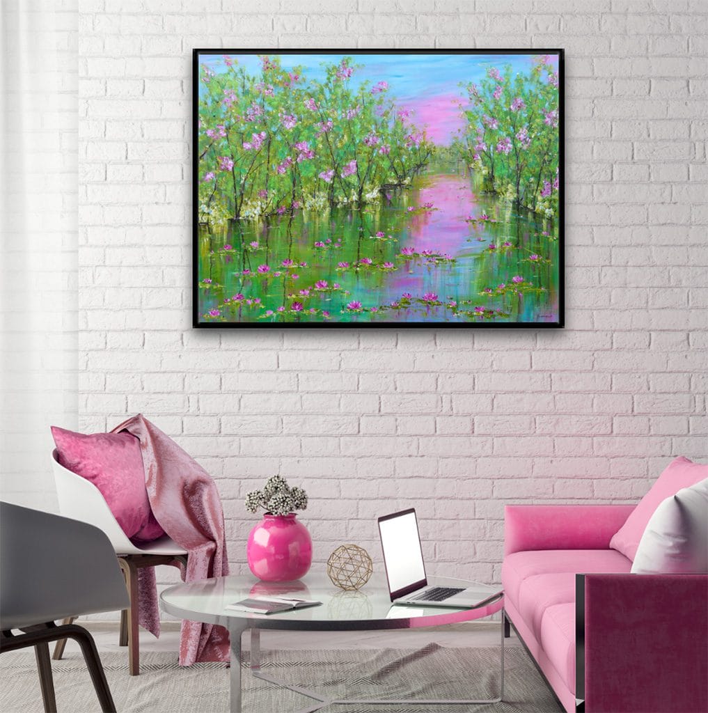 Vibrant modern impressionist landscape painting of a water lily pond on large canvas