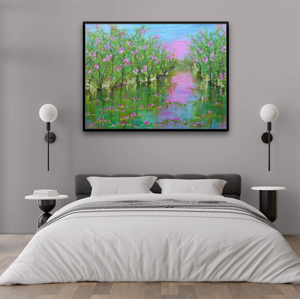 Vibrant modern impressionist landscape painting of a water lily pond on large canvas