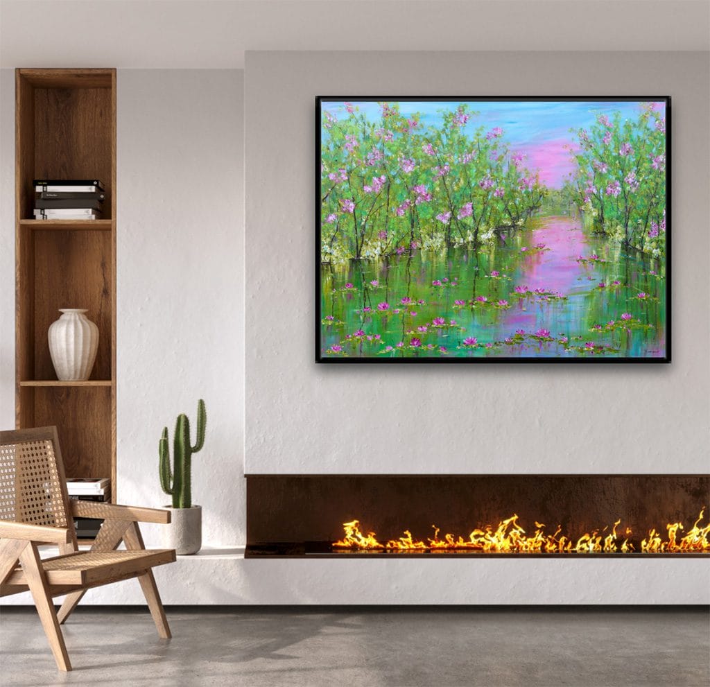 Vibrant modern impressionist landscape painting of a water lily pond on large canvas