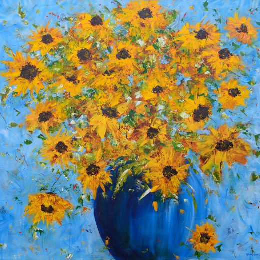Dynamic original impressionist painting of a sunflower bouquet in a blue vase