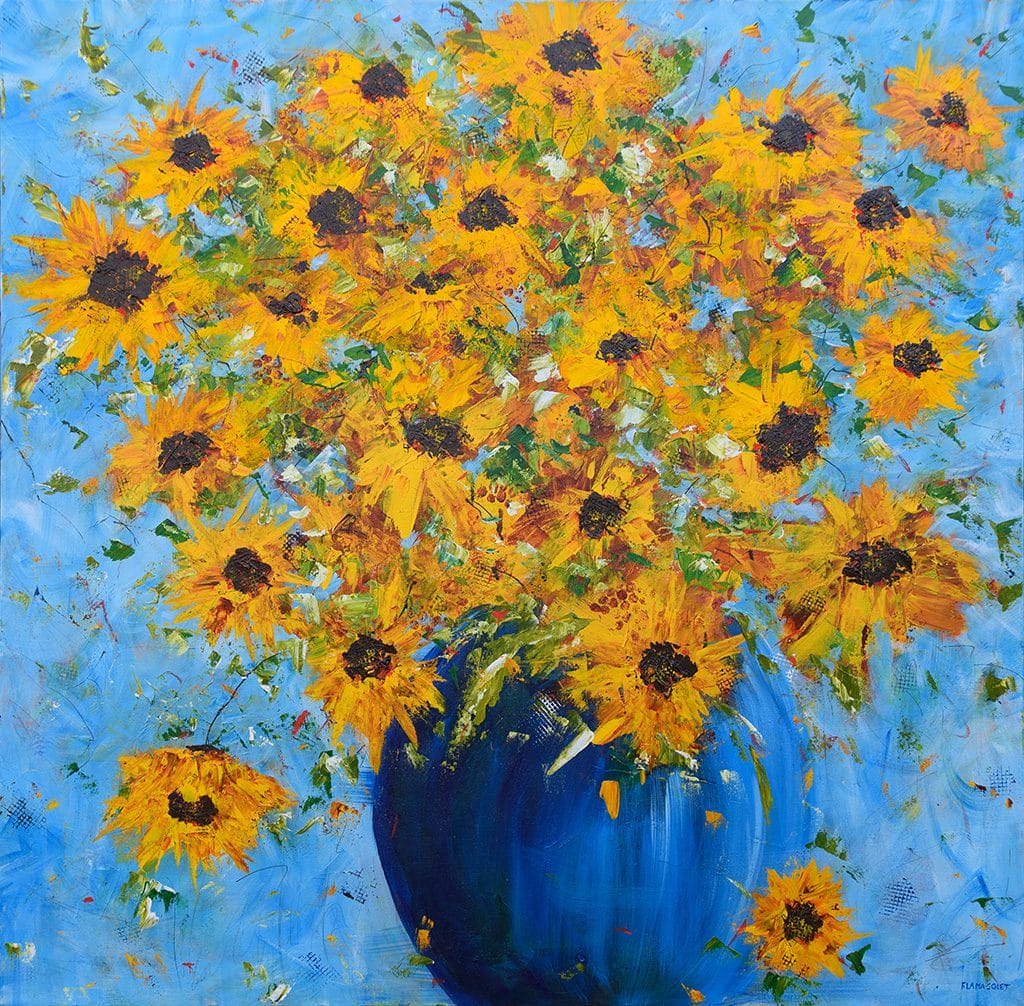 Dynamic original impressionist painting of a sunflower bouquet in a blue vase
