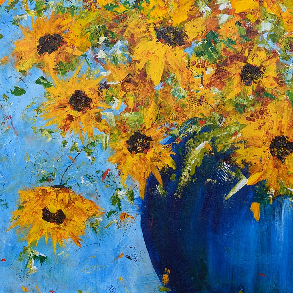 Dynamic original impressionist painting of a sunflower bouquet in a blue vase