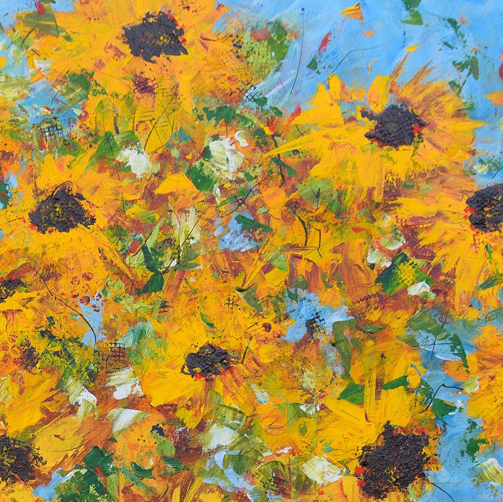 Dynamic original impressionist painting of a sunflower bouquet in a blue vase