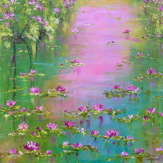 Vibrant modern impressionist landscape painting of a water lily pond on large canvas