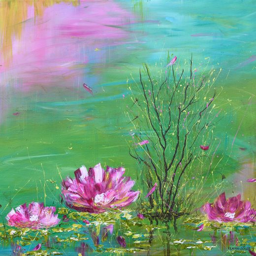 Vibrant contemporary impressionist acrylic painting of pink water lilies on stretched canvas 20" x 20"