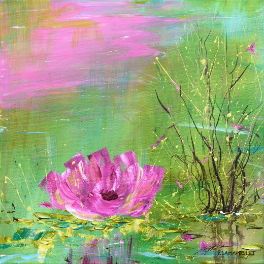 Vibrant contemporary impressionist acrylic painting of pink water lilies on stretched canvas 12" x 12"