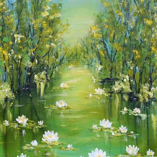 Serene contemporary impressionist painting of a lake surrounded by trees and adorned with white water lilies.