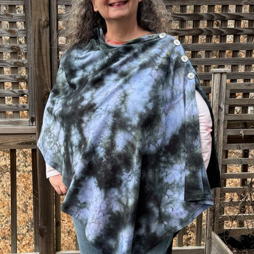 Warm and cozy black and blue women's poncho cape with button handmade and hand dyed