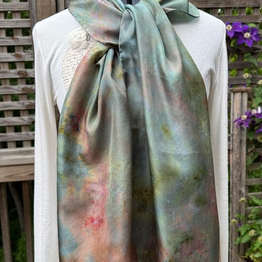 Stunning hand dyed silk scarf in different shades of green, maroon, aqua, pink and more