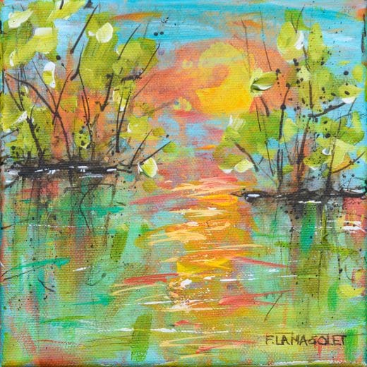 Vibrant and serene impressionist painting of a sunset on a lake