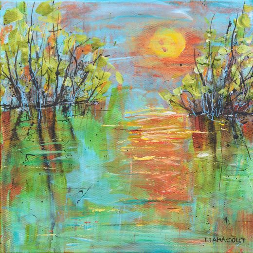 Vibrant and serene contemporary impressionist landscape painting of a sunset refection on a lake.