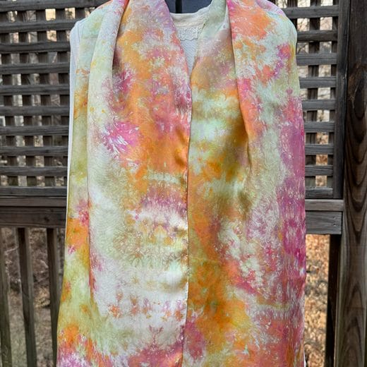 Women's unique pink, peach and green hand ice dyed silk scarf