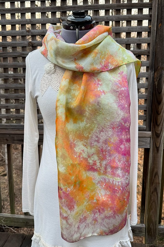 Women's unique pink, peach and green hand ice dyed silk scarf
