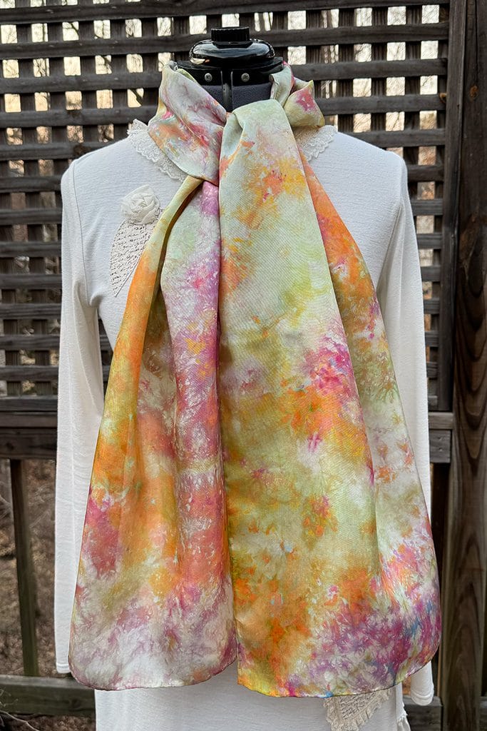 Women's unique pink, peach and green hand ice dyed silk scarf