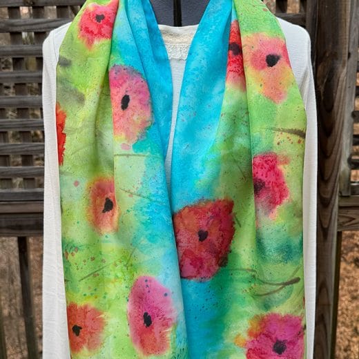 Wearable art women's silk scarf hand painted with a poppy field