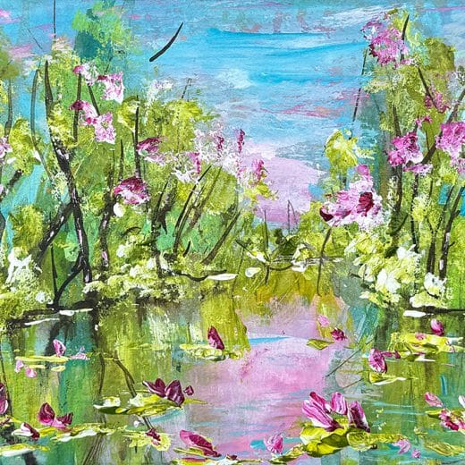 Small spring vibe acrylic painting featuring a pond with water lilies surrounded by trees