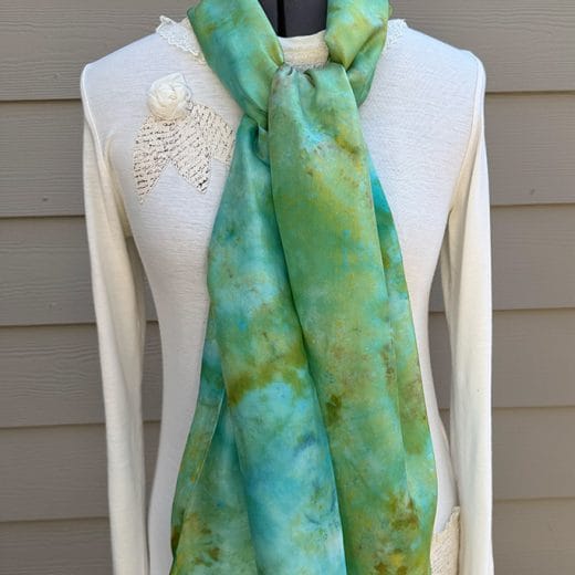 Women's turquoise, aqua and green long hand ice dyed silk scarf