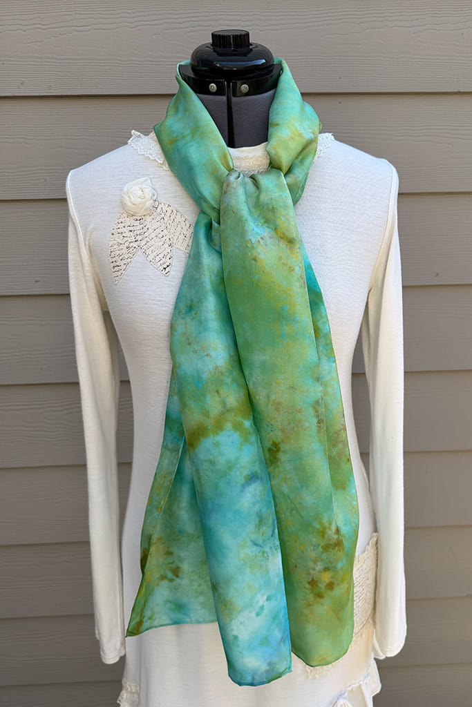 Women's turquoise, aqua and green long hand ice dyed silk scarf
