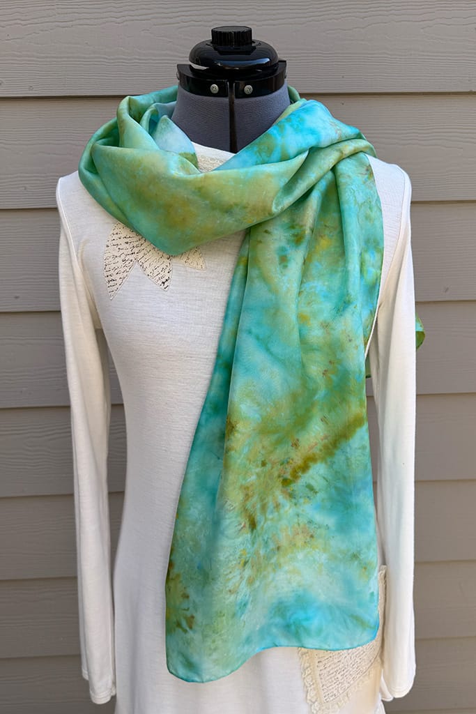 Women's turquoise, aqua and green long hand ice dyed silk scarf